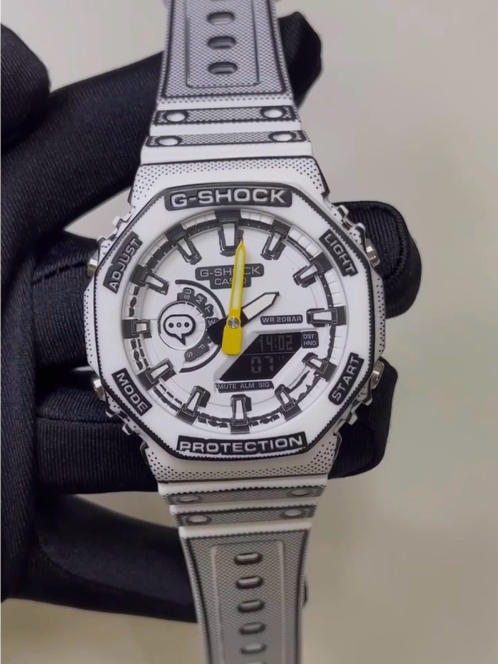 G-Shock White and Black Sport Watch with Yellow Hand